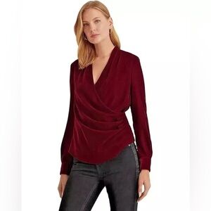 Lauren Ralph Lauren Pleated Velvet Surplice Blouse Women's 10
